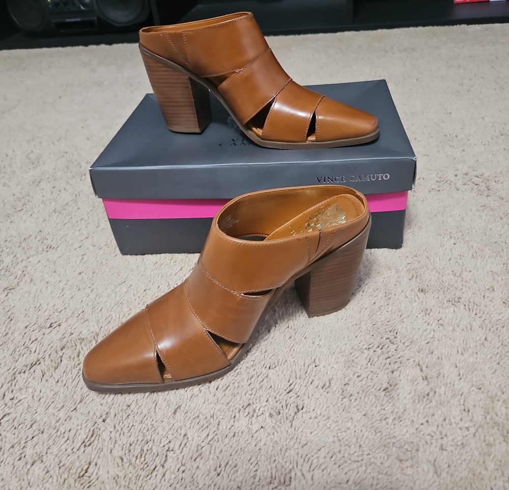 Vince Camuto Cognac Leather Open-Side Block Heel Mules